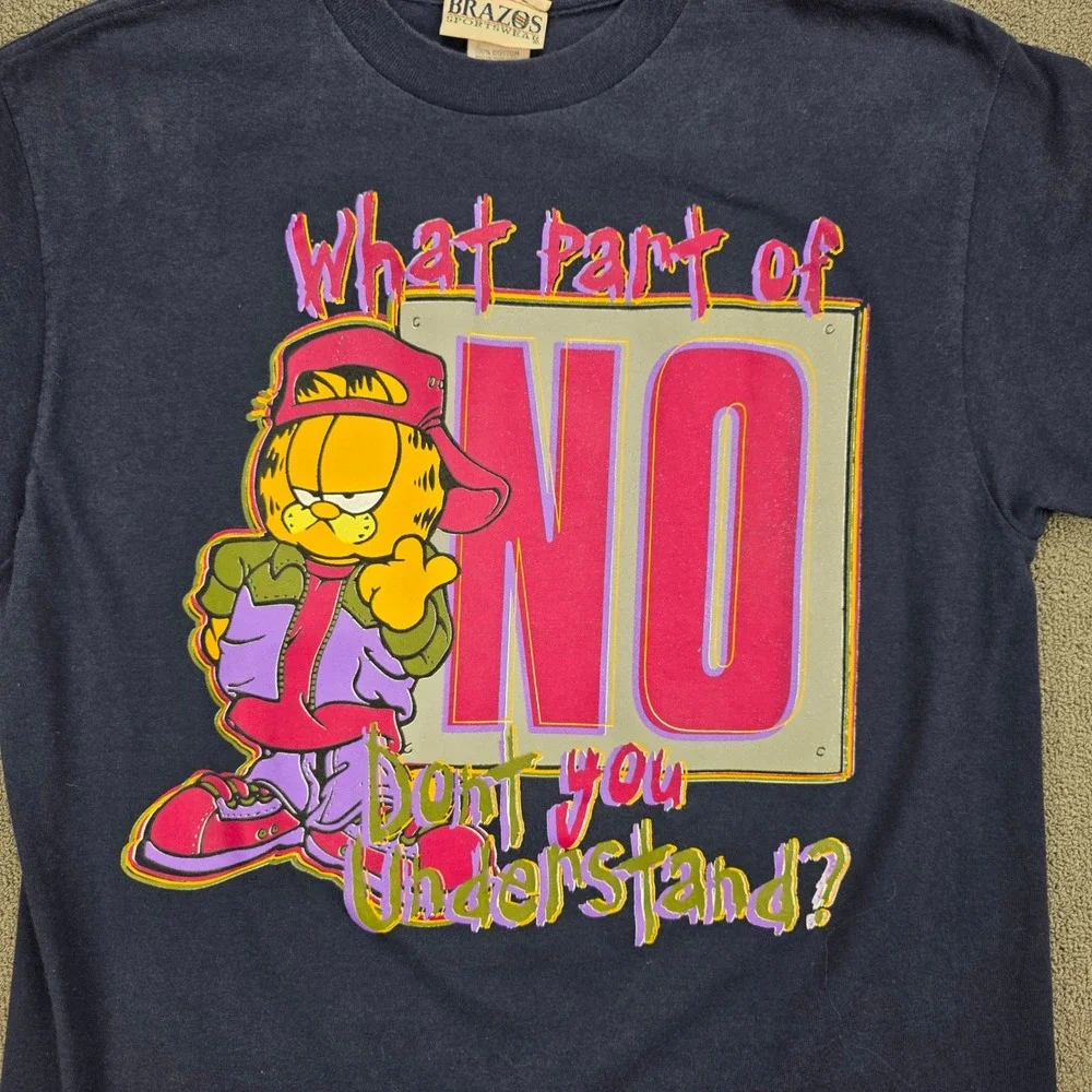 Brazos Garfield What Part Of No T-Shirt Mens Navy‎ Vintage 90s Graphic Medium